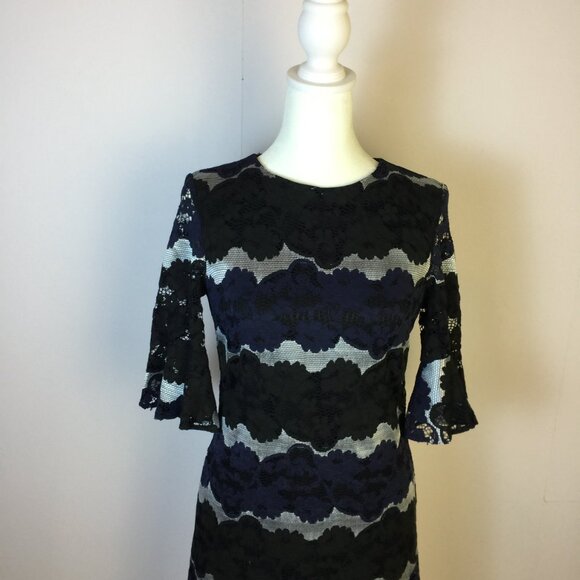 New! Stage of Playlord Dress Sz 1 US 6/S Womans Navy Black Lace 3/4 Bell Sleeve - Picture 12 of 14